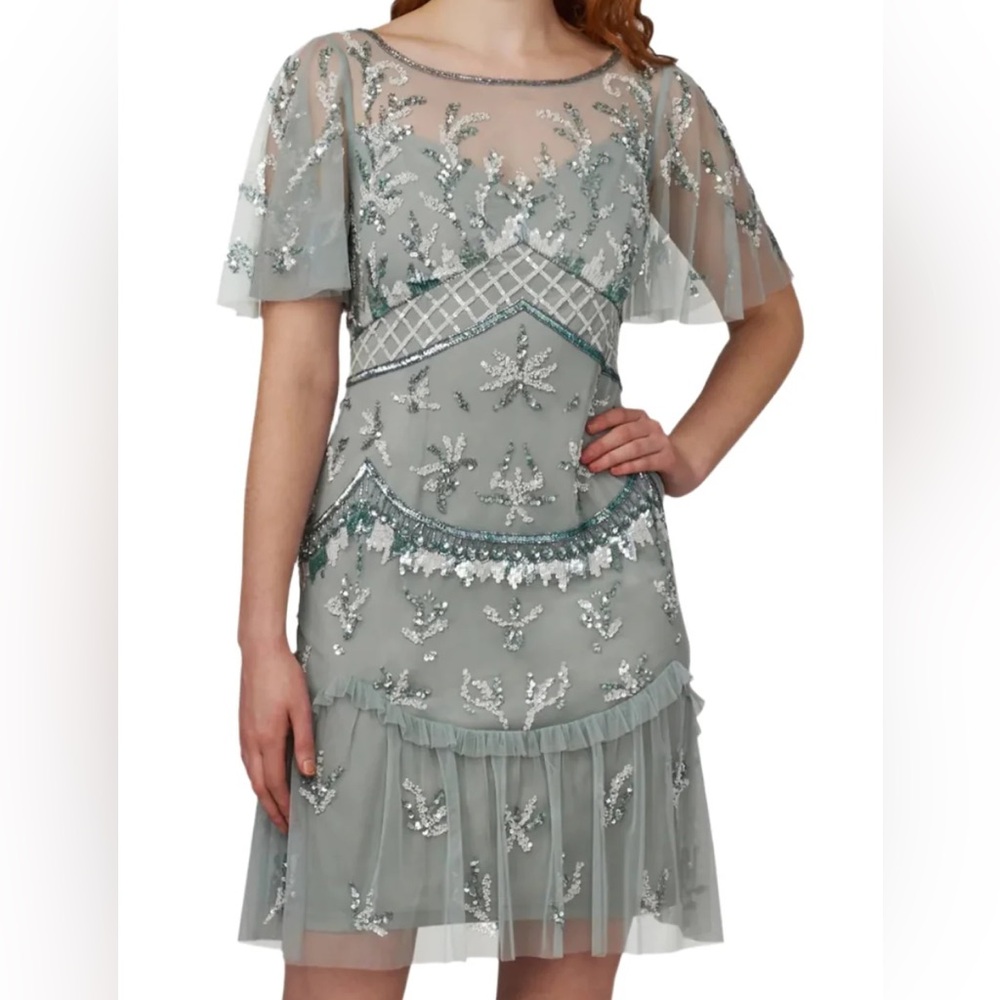 Adrianna Papell Sage Embellished Midi Dress Beaded Ruffled Sheer Flutter-Sleeve
